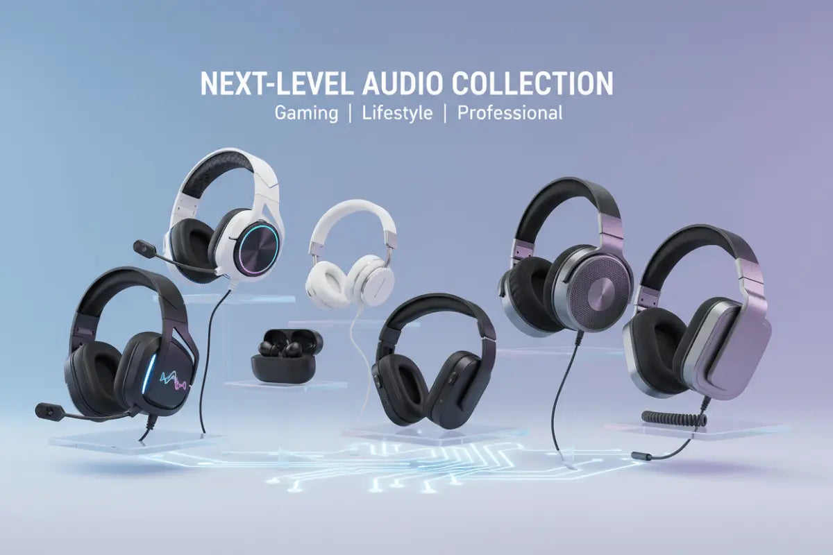 Um fone de ouvido para jogos elegante e moderno com design preto e prata, apresentando acentos iluminados nas conchas auriculares.