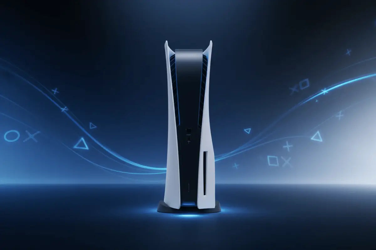 Consola PlayStation 5 branca e preta com design elegante e moderno.