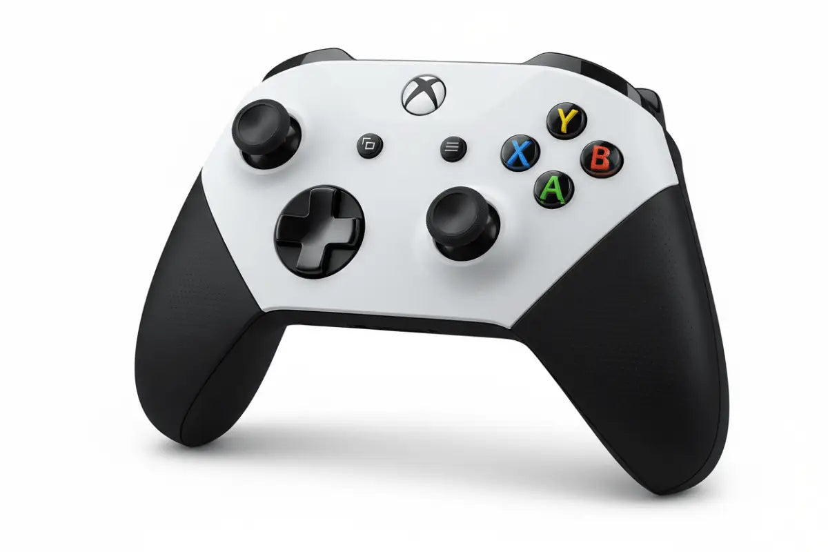 Controlador sem fios Xbox branco e preto com botões de ação coloridos.