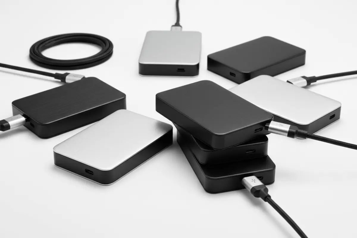 Hubs USB-C retangulares pretos e prateados com designs elegantes e minimalistas.