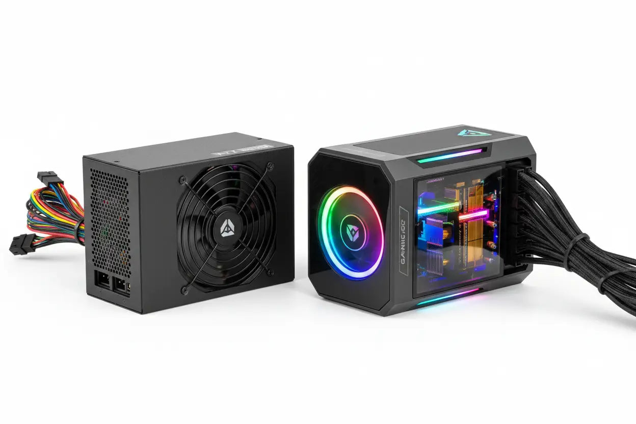 Unidade de alimentação para jogos preta com iluminação RGB e painel lateral transparente