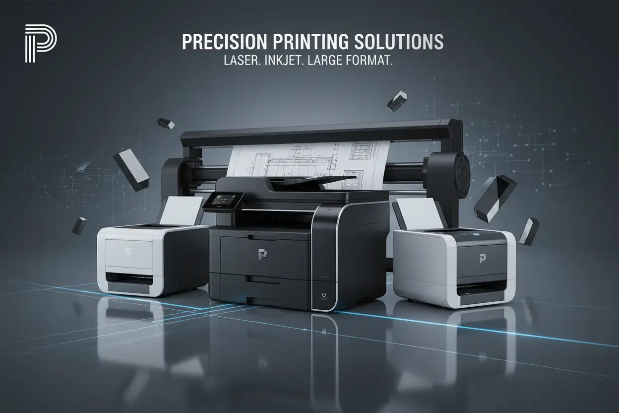 Máquinas de impressão precisas a preto e branco com designs elegantes e modernos.