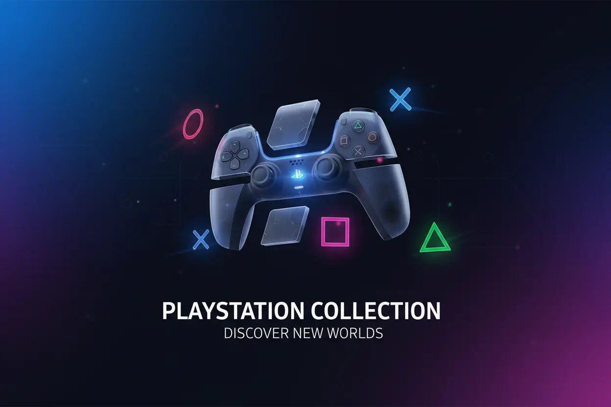 Controlador DualSense do PlayStation 5 preto com luz central azul brilhante e símbolos de botões iluminados coloridos flutuando à sua volta.