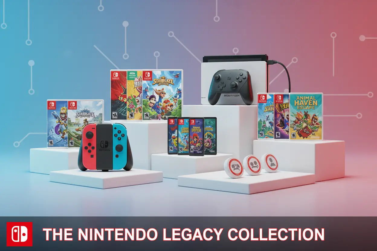 Consola Nintendo Switch com controladores Joy-Con vermelhos e azuis, pega preta e controlador cinzento.