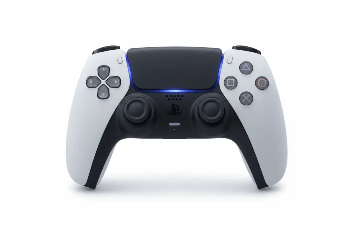 Controlador DualSense do PlayStation 5 branco e preto com luz azul brilhante ao longo do centro.