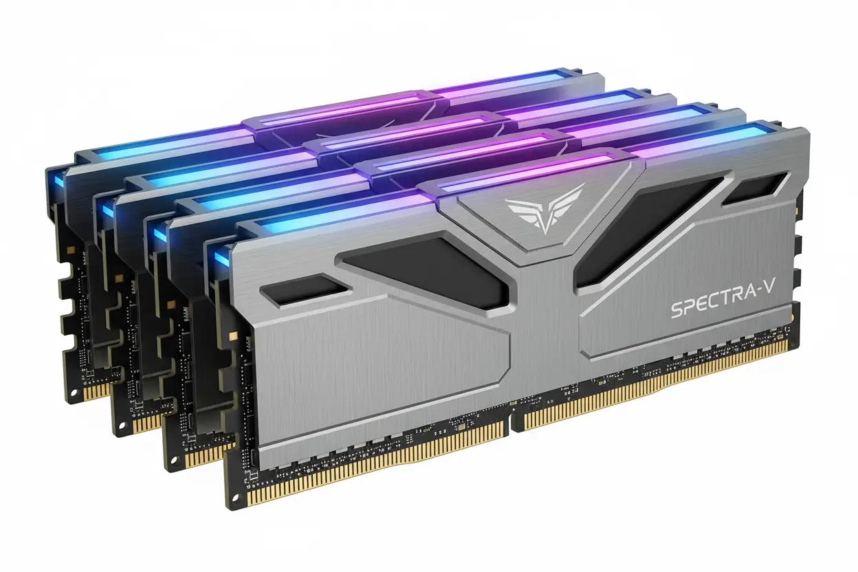 Módulos de RAM de gaming prateados e pretos com iluminação RGB vibrante, apresentando um design angular elegante e a marca ’spectra-v’.