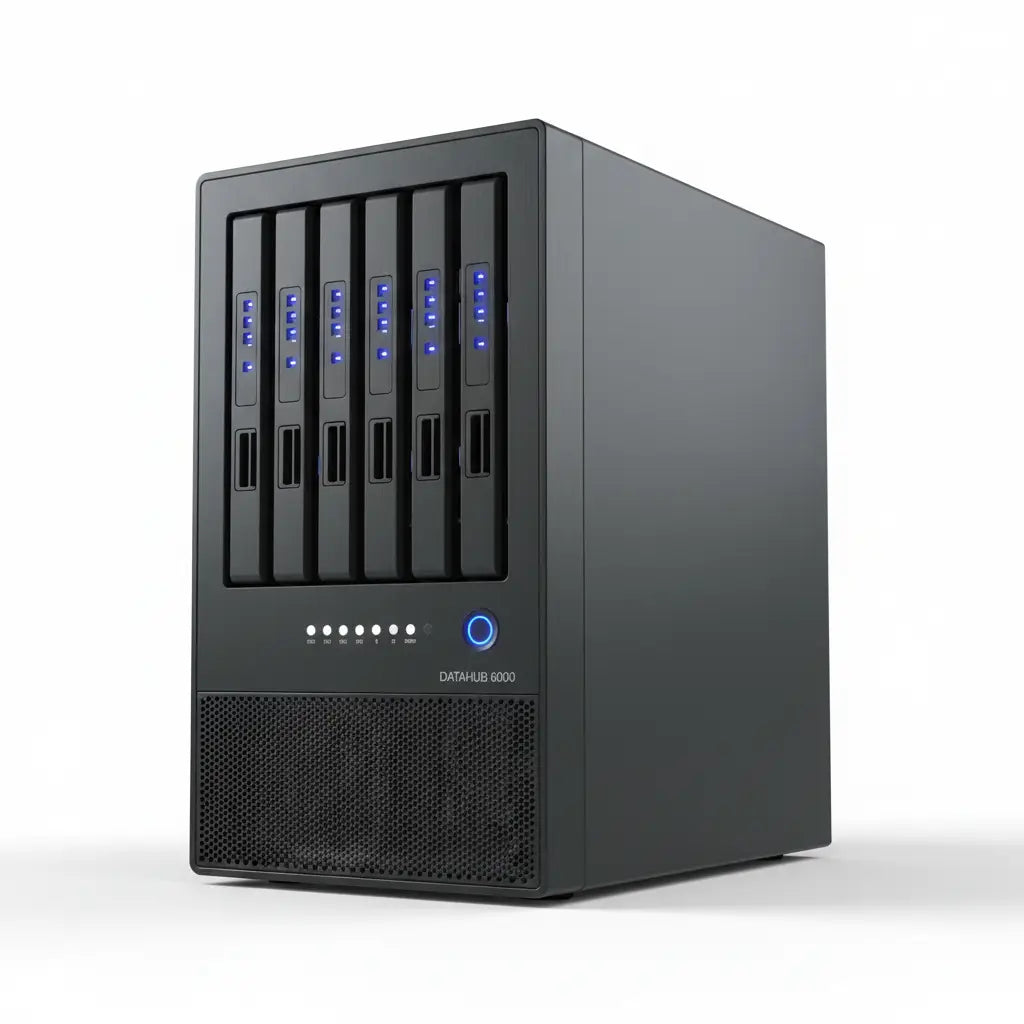 Unidade de armazenamento em rede datahub 6000 acabamento fosco preto com seis baías de discos iluminadas por indicadores LED azuis.
