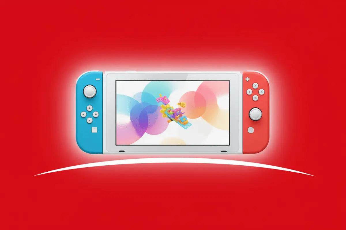 Consola Nintendo Switch Lite com controladores Joy-Con azuis e vermelhos, moldura de ecrã branca, exibindo uma cena de jogo colorida.