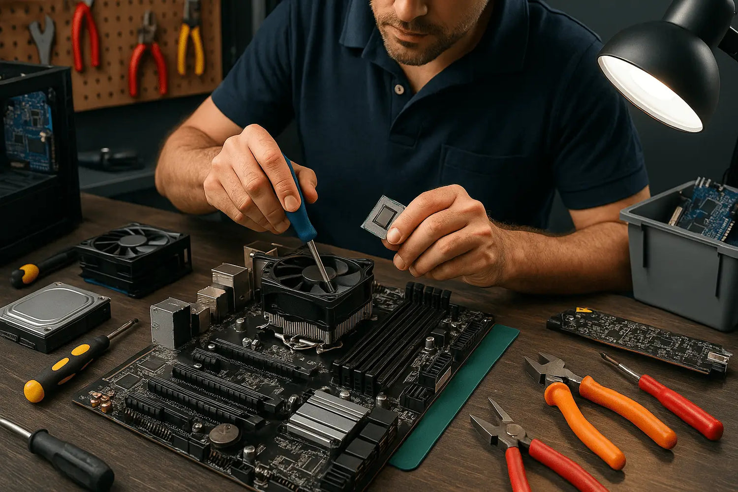 Placa-mãe de computador preta com dissipador de calor prateado e conjunto de ventoinha