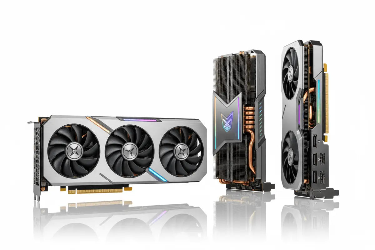 Placa gráfica de triplo ventilador em prata e preto com um design elegante e angular que apresenta acentos de iluminação RGB.