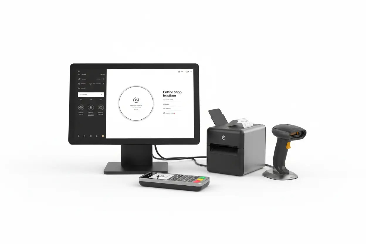 Ecrã tátil preto de caixa registadora com interface de café, acoplado a uma impressora de recibos e leitor de códigos de barras.