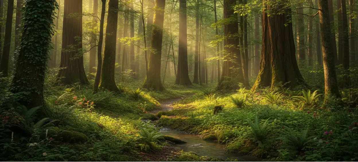 Um caminho sereno na floresta serpenteia através de árvores imponentes, salpicado pela luz dourada do sol filtrada através da copa.