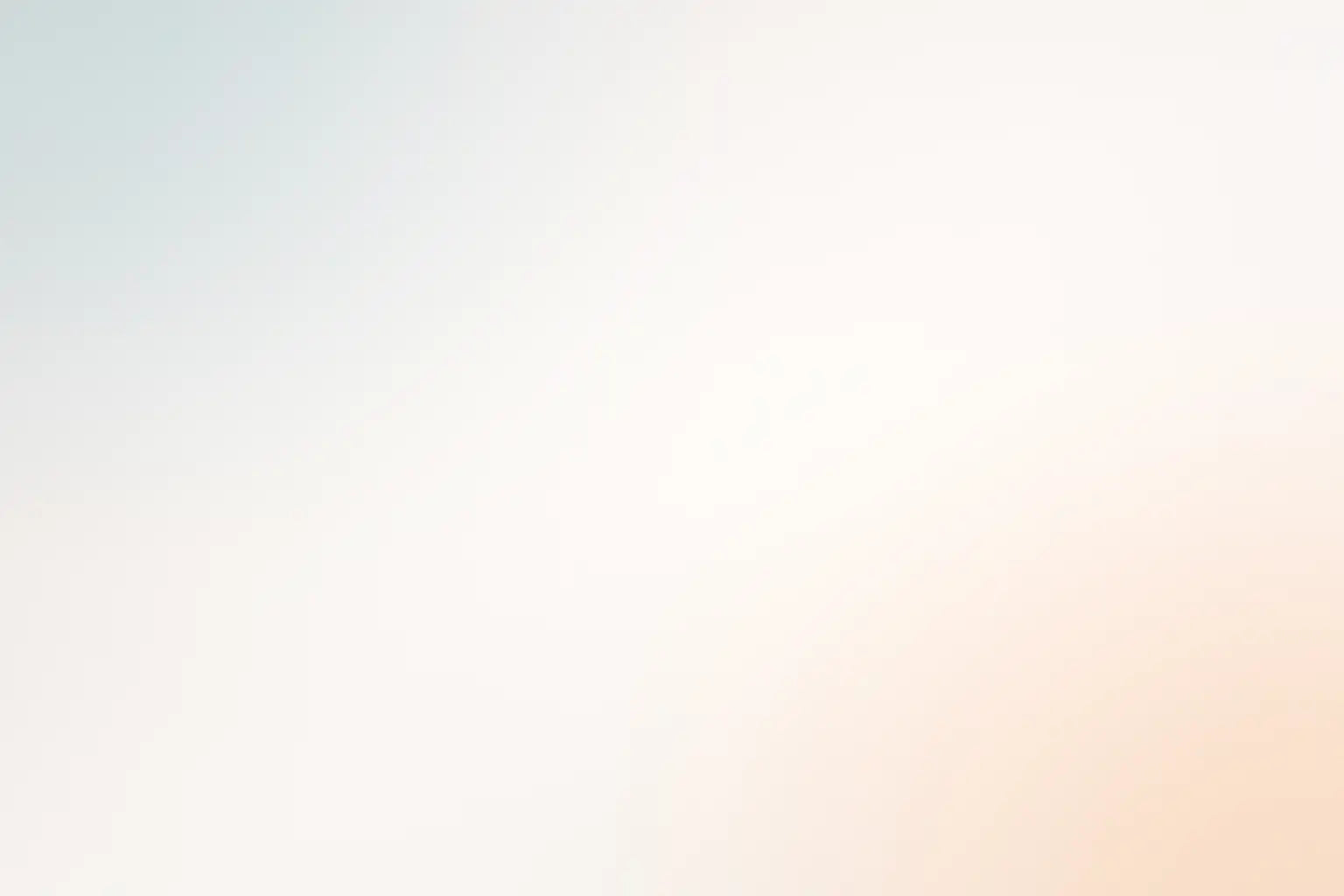 Fundo com gradiente suave que transita de azul pálido para branco cremoso e pêssego quente.
