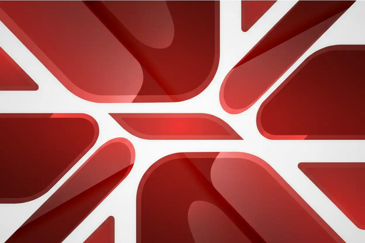 Design geométrico abstrato com formas vermelhas e brancas entrelaçadas e texturas brilhantes e em camadas.
