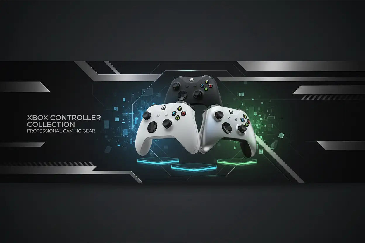 Controladores sem fios Xbox pretos e brancos com apoios texturizados, design ergonómico e botões iluminados.