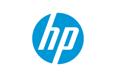 Logótipo hp circular azul com letras estilizadas ’hp’ a preto.